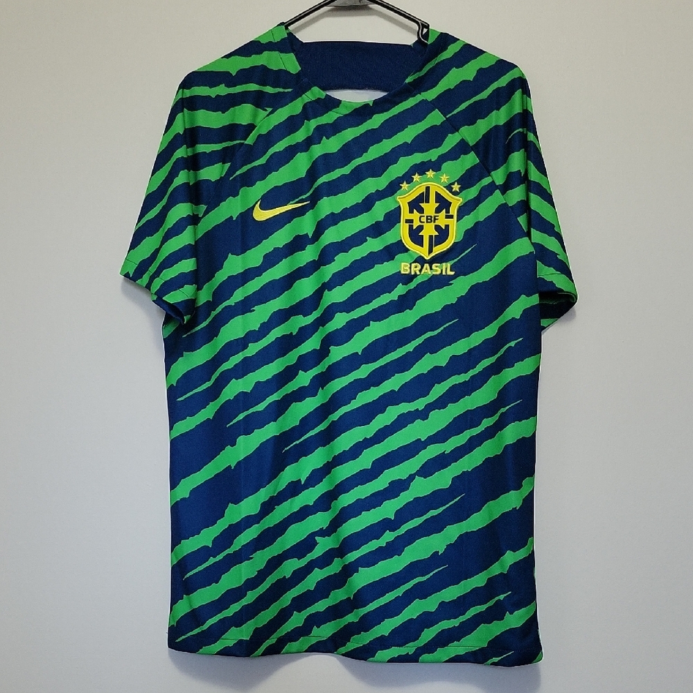Nike Mens L Brazil Brasil Green and Blue Striped Football Soccer Jersey Dri Fit